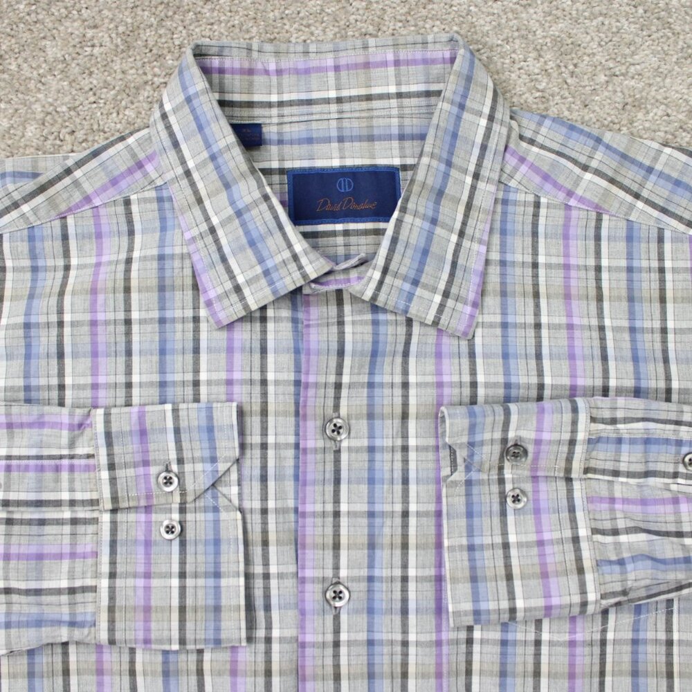 David Donahue Shirt Mens XL Gray/Blue/Purple 100%‎ Cotton Long Sleeve Button Up